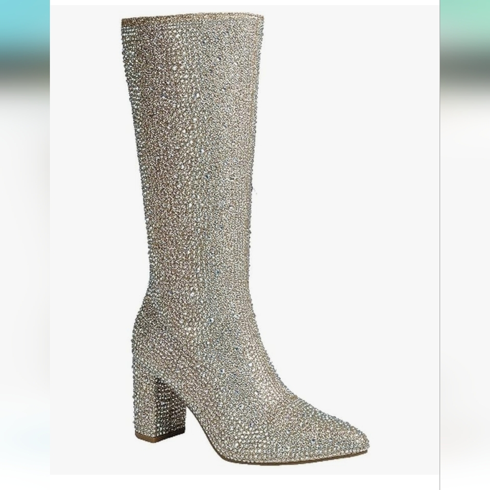 Forever 21 Silver Rhinestone Knee-High Block Heel Boots